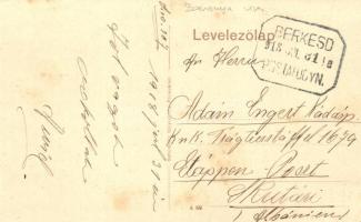 1918 Berkesd, Római katolikus templom, utca, Községi vendéglő + Postaügyn. pecsét