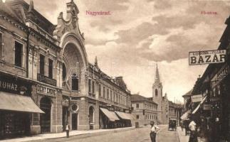 1907 Nagyvárad, Oradea; Fő utca, Korona és fillér bazár, Barta fogorvos, cukrászda, Déry Endre üzlete, fodrász / main street with shops, dentist, confectionery, hairdresser (EK)