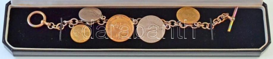 Franciaország 1950-1998. 5c-20Fr (5xklf) érme karkötővé alakítva, díszdobozban T:2 France 1950-1998. 5 Centimes - 20 Francs (5xdiff) coins made to bracelet in display case C:XF