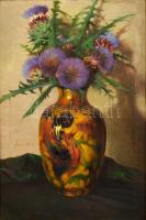 Szabó Béla Leo (1887-?): Bogáncsok Zsolnay vázában. Olaj, vászon hibával, fa keretben, 64×44 cm