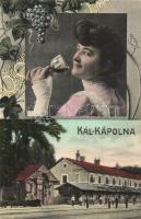 Kál-Kápolna, Vasútállomás. Hölgy boros pohárral, szőlőfürtös montázslap / railway station. Lady with a glass of wine, montage with grapes
