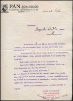 1913-1923 Hajnik Miklós (1889-1969) író, Magyarországi Írók Szakszervezetének tagsági igazolványa (1913), valamint egy gépelt levele a Pán könyvvkiadótól, és két levelezőlapja a Franklin-Társulattól, aláírásokkal, pecsétekkel.