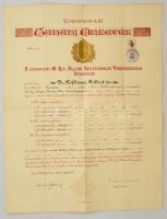 1940 Bp., Kir. M. Pázmány Péter Tudományegyetem díszes középiskolai tanári oklevele, Kornis Gyula (1885-1958) elnök, filozófus, egyetemi tanár, kultúrpolitikus, Petőfi Társaság (1940-1944) és az MTA (1945-1946) elnökének, és Melich János (1872-1963) nyelvész, egyetemi tanár OSZK igazgatójaának 1919-1922) aláírásával, 10 P okmánybélyeggel, szárazpecséttel, aranyozott címerrel.