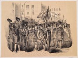 1848 március 13. A Bécsi forradalom kitörése. F. Kollarz lithográfiája. / 1848 The revolution in Vienna. Lithography. 39x27 cm