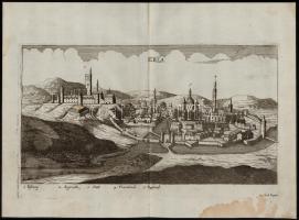 Eger - Erla Jacob Koppmayer, rézmetszete. A kép alatt jelmagyarázat. Megjelent: J. Ch. Wagner: Delineatio Provinciarum Pannoniae... (Augsburg, 1684.) Képméret: 17,2×31,7 cm. Lapméret: 31,4×38,5 cm