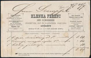 1878-1949 2 db régi számla: 1878: Győr, Klenka Ferenc könyv- és műkereskedésének számlája, fejléces ...