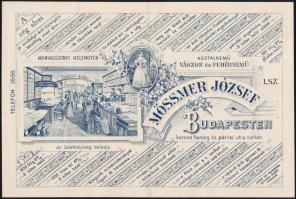 1909 Budapest, Mössmer József asztalnemű, vászon- és fehérnemű, menyasszonyi kelengyék üzletének dekoratív fejléces számlája, okmánybélyeggel