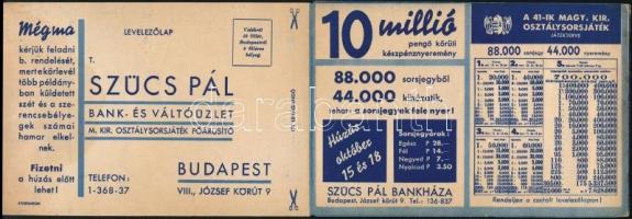 cca 1921-1925 Szűcs Pál Bankház kihajtható prospektusa osztálysorsjáték húzásról, szerencsebélyegekk...