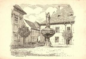 Sopron, Orsolya tér, szobor. rézkarc / etching s: Rutheried