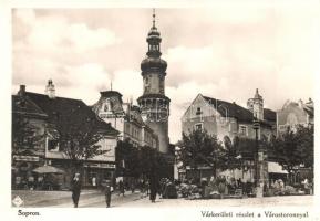 1928 Sopron, Várkerület, Várostorony, piac árusokkal, özv. Bader Gusztávné, Fischer, Steinbach Károly és Gruber Dávid üzlete