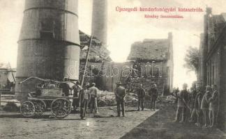1908 Szeged, Újszegedi Kenderfonógyári katasztrófa, kémény összeomlása, tűzoltó kocsi. Fodor felvétele