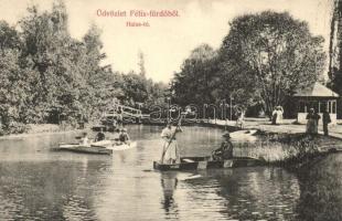 Félixfürdő, Baile Felix; Halas-tó, híd, kiadja Engel József / lake with kayaking and boating people