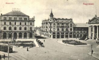 1909 Nagyvárad, Oradea; Bémer tér, villamos, Szigligeti színház. özv. Ernyei S-né kiadása / square with tram and theatre