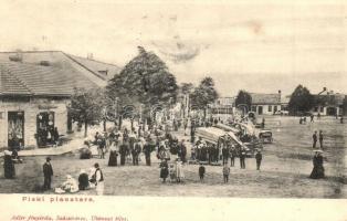 1908 Piski, Simeria; Piac tér árusokkal, Müller József üzlete. Adler fényirda / market with vendors, shop
