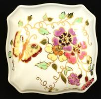 Zsolnay pillangó mintás porcelán ékszerdoboz, kézzel festett, jelzett, hibátlan, 10×10×6 cm