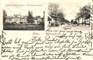 1906 Lajtakáta, Gáta, Gattendorf; Báró Laminet kastély, Fő utca. G. Duschinsky kiadása / Schloss, Hauptstrasse / castle with street