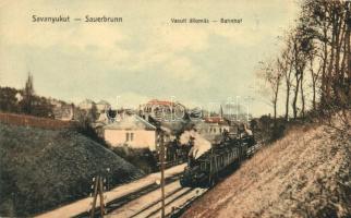 Savanyúkút, Sauerbrunn; Vasútállomás gőzmozdonnyal. Hönigsberg Frigyes kiadása / Bahnhof / railway station with locomotive