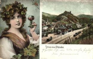 Altenahr, Bahnhof / railway station. Lady with a glass of wine montage. Heliocolorkarte von Ottmar Zieher (EK)
