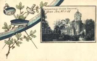 1908 Jena, Sachsenhaus, Corps Saxonia / Student fraternity house. Studentica, fencing art postcard (EK)
