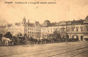 Szeged, Széchenyi tér a Csongrádi takarékpénztár palotával, Temetkezési Intézet, Weber üzlete, hintók (EB)