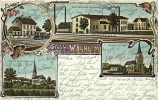 1905 Walheim, Bahnhof, Ausblick auf Hahn, Kirche, Neue Walheimer Kalkwerke / railway station, churches, new lime works, factory. Jansen & Cohnen 4793. Art Nouveau, floral, litho (EK)