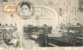 1908 Bucharest, Bucuresti; Salonul de Piane N. Mischonzniky. Str. Coltei No. 7. / piano salon interior. TCV card + 100 Ani de la Nastere 2577 Pianu de Jos (Rb)