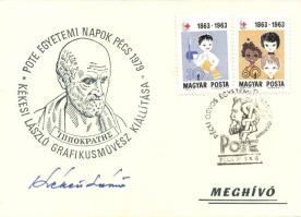 Kékesi László grafikusművész aláírása kiállítási megnyitójának meghívóján