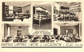 Lviv, Lwów, Lemberg; Kazimierz Linttner's Restauracja, Pokoje do Sniadan Bufety / restaurant interior, advertisement card