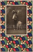 1914 Boldog húsvéti ünnepeket / Easter. Stoff-Reproduktion style art postcard from the Viennese textile pattern series. Art Nouveau W.R.B. & Co. Vienne Serie 03223. (EK)