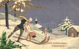 Boldog Karácsonyi Ünnepeket! / Christmas greeting, Italian art postcard, sledding couple. Ballerini & Fratini 302. s: Chiostri