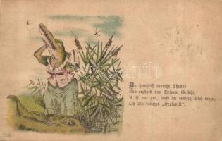 1891 (Vorläufer!!!) Oh du falsches Krokodil / Crying Crocodile. Very rare early postcard! litho