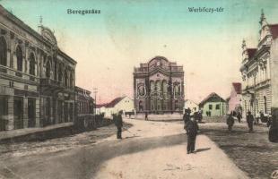 Beregszász, Berehove; Werbőczy tér, izraelita templom, zsinagóga, Hamburg Salamon üzlete / square, synagogue, shops (EK)