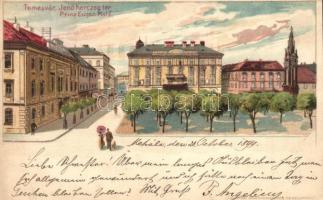 1899 Temesvár, Timisoara; Jenő herceg tér. Corvina könyvkereskedés kiadása / Prinz Eugen Platz / square. litho