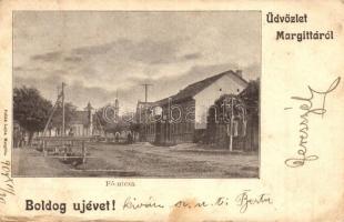 1909 Margitta, Marghita; Fő utca, templomok. Kiadja Pollák Lajos; újévi üdvözlettel / main street, churches; New Year's greeting (kopott sarkak / worn corners)