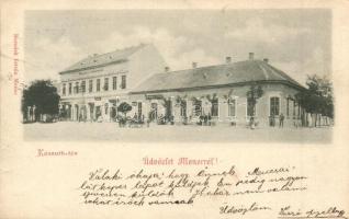 1900 Monor, Kossuth tér, Kerületi takarékpénztár, Feld B., Vitéz János üzlete, Herodek István vegyeskereskedése és saját kiadása