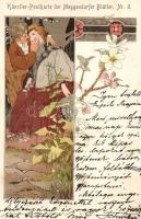 1899 Art Nouveau couple. Künstler-Postkarte der Meggendorfer Blätter Nr. 6. Verlag von J.F. Schreiber floral, litho s: Koloman Moser