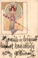 1902 Female warrior with hearts on her sword. Hungarian Art Nouveau postcard. Serie 540. No. 7. litho s: Basch Árpád