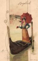 1902 Gondola in Venice. Hungarian Art Nouveau postcard. Serie 785. Nr. 4. litho s: Basch Árpád (EK)