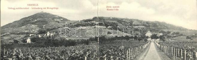1907 Versec, Vrsac; Várhegy és szőlőkertek, Zárda nyaraló / Schlossberg mit Weingebirge, Kloster Villa / castle hill and vineyards, nunnerys villa. panoramacard