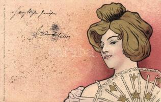 1900 Art Nouveau lady litho. Theo. Stroefers Kunstverlag, Nürnberg - Postkarte im modernen Styl Serie XVII. Ideal Nr. 7., unsigned Meunier (fl)