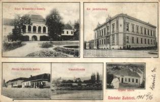 1908 Zsibó, Jibou; Báró Wesselényi kastély, Járásbíróság, vasútállomás, Állami iskola, Merza Testvérek üzlete / castle, court, railway station, school, shop (EK)