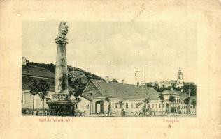 Szilágysomlyó, Simleu Silvaniei; Bem tér, Szentháromság szobor, üzlet, templom. W.L. Bp. 7120. Csernecz József kiadása / square, Trinity statue, shop, church