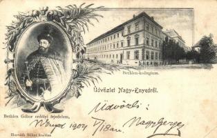 1904 Nagyenyed, Aiud; Bethlen kollégium, Bethen Gábor erdélyi fejedelem. Horváth Bálint kiadása / boarding school, Transylvanian prince. Art Nouveau (EK)