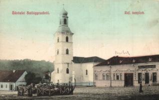 1910 Szilágycseh, Cehu Silvaniei, Bömischdorf; tér, református templom, Papp Testvérek üzlete. Krémer Ignátz kiadása / square, Calvinist church, shop