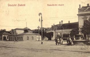 1912 Zilah, Zalau; Kossuth tér, szökőkút, vásárcsarnok, Városi gőzkádas fürdő. W.L. Bp. 2340. Szövetség könyvnyomda kiadása / square, fountain, market hall, spa (EK)