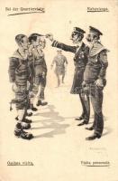 1918 Ruhavizsga / Bei der Quartiervisite / Osobna vizita / Visita personale / K.u.K. Kriegsmarine, mariners humorous art postcard. C. F. P. Nr. 15a. s: Ed. Dworak (EK)