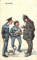 Diensteifrig / K.u.K. Kriegsmarine, mariners humorous art postcard. C. Fano Pola Nr. 25. s: Ed. Dworak (EK)