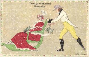 Boldog Karácsonyi Ünnepeket! / Christmas greeting art postcard with ice skating man and sledding lady. B.K.W.I. 3091-5. s: Mitzi Marbach