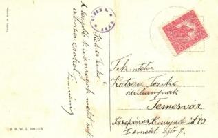 Boldog Karácsonyi Ünnepeket! / Christmas greeting art postcard with ice skating man and sledding lad...