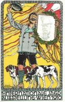 1910 Wien, Erste Internationale Jagdausstellung / The First International Hunting Exposition in Vienna. Hunting dogs with portrait of Franz Joseph. Advertisement art postcard s: Erwin Puchinger